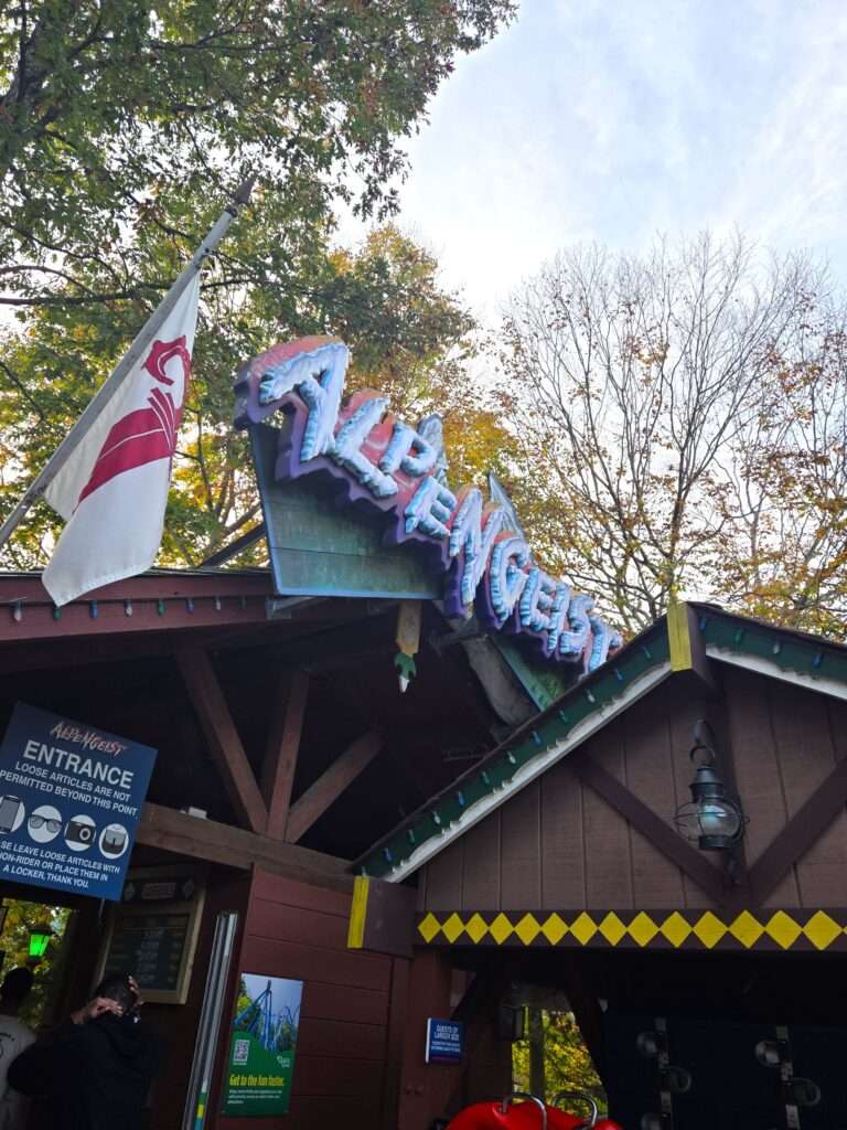 Alpengeist rollercoaster entrance sign